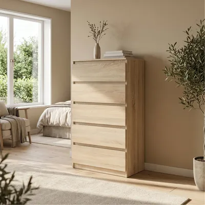 Produktbild von Masseno Kommode NUDO 70 cm Sideboard mit 5 Schubladen und Türen für Wohnzimmer Schlafzimmer Modern 70x39x124,5 cm Sonoma Eiche / Sonoma Eiche