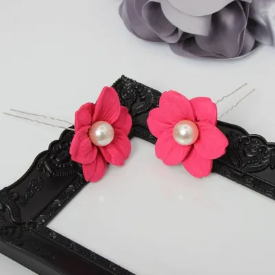 Produktbild von 2 Große Blumen Haarnadel mit Perlen Braut Kommunion Hochzeit Hairpin Pink