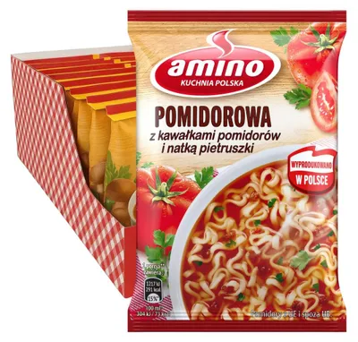 Produktbild von Amino Tomatensuppe mit Nudeln 22x 61g - polnische Instant Suppe - Tomatenstücke