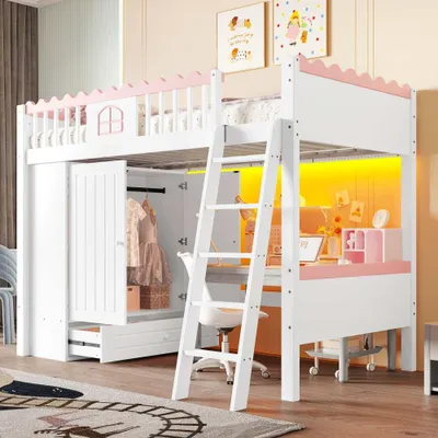 Image de Lit surélevé pour enfants avec éclairage LED, toboggan & 3 étagères d'aventure, EN747 en bois de pin, blanc, 90x200 cm