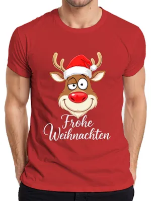 Produktbild von Frohe Weihnachten Rentier Rudolph Weihnachtsmütze Lustig Cartoon Herren T-Shirt, Rot, S