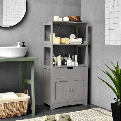 Immagine prodotto di Mobile da bagno con cassetto, mobile alto con 2 ripiani aperti, ripiano multiuso per microonde, 60 x 32,5 x 122 cm (grigio)