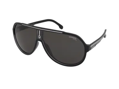 A pair of black Carrera sunglasses with grey lenses, shown from a three-quarter angle on a white background.