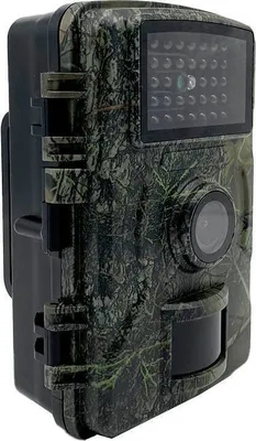 A camouflage-patterned trail camera is shown against a white background.