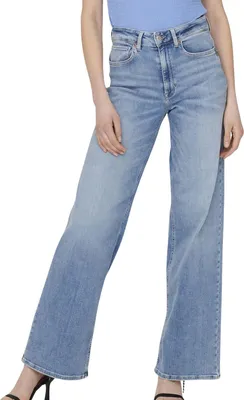 A person wearing light blue wide-leg jeans.