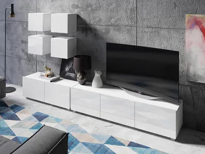 Produktbild von Wohnwand CALABRINI-18 Wohnzimmer-Set Hängewohnwand Schrankwand Schrank TV-Schrank Moderne Anbauwand Hochglanz (Weiß)