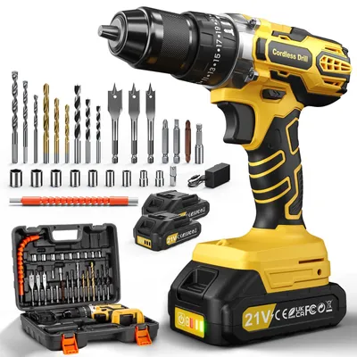 Image de Perceuse-visseuse à percussion 21V, visseuse à percussion 45 Nm, tournevis électrique avec 25+3 réglages de couple, 2 batteries de 2,0 Ah, mandrin métallique de 10 mm, 2 vitesses, 29 accessoires
