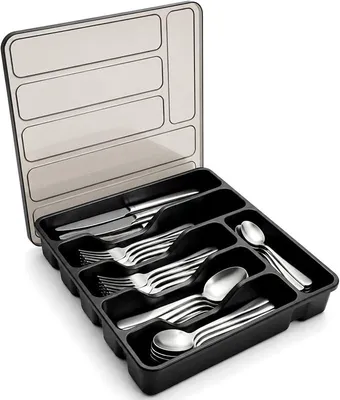 Produktbild von PolkaHome® Besteckkasten mit Deckel, Besteckbox für Schublade, Organizer für Küche, Schwarz, PP-Kunststoff