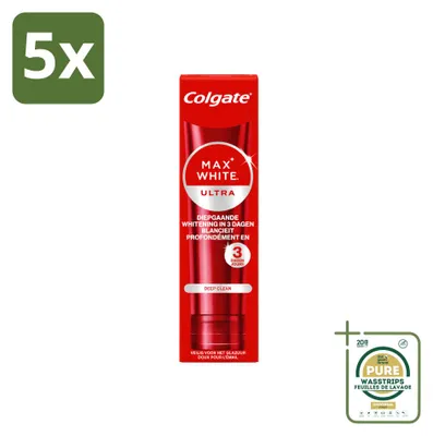 Imagen del producto de 5 unidades de pasta dental Colgate Max White Ultra Deep Clean, blanqueadora, 75 ml cada una. Paquete de suministro