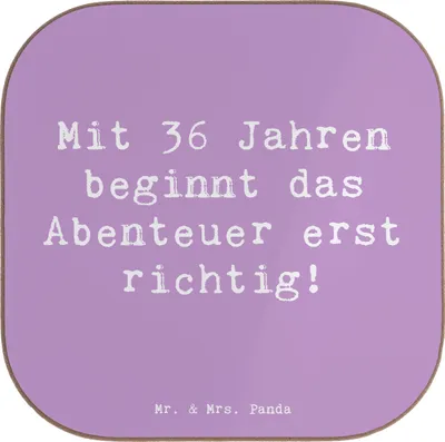 Produktbild von Mr. & Mrs. Panda Holzuntersetzer Spruch 36. Geburtstag Abenteuer - Lavendeltraum - Geschenk, gläseruntersetzer, einzigartig, Leidenschaft, Untersetzer Glas, Coaster