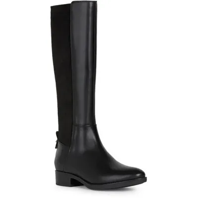 A black leather boot with a black elasticated back panel, shown from the side.