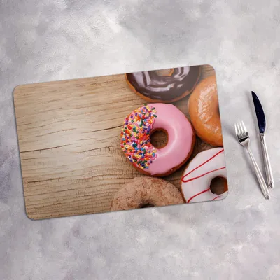 Produktbild von Tischset 6x45x30 cm + 6x10fi cm Platzset Tischmatte Platzmatte Untersetzer - Doughnuts auf hölzernen