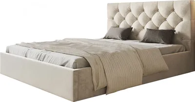 A beige upholstered bed with a tufted headboard and two pillows, shown against a white background.