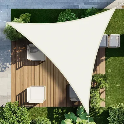 Immagine prodotto di Tenda da sole triangolare, 3x3x3 metri, tessuto impermeabile, protezione solare, protezione dal vento, realizzata in poliestere con protezione UV del 95%, ideale per balconi, giardini e terrazzi (color crema)
