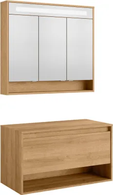 Produktbild von FACKELMANN Natura Badmöbel Set 2 Teile / Waschbeckenunterschrank mit Schublade / LED Spiegelschrank mit Beleuchtung und 3D-Effekt / Soft-Close-System / Korpus & Front: Braun / Breite: 94 cm