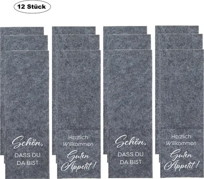 Produktbild von 12 Stück  Bestecktaschen in Grau Filz Tasche 2 verschiedene Sprüche
