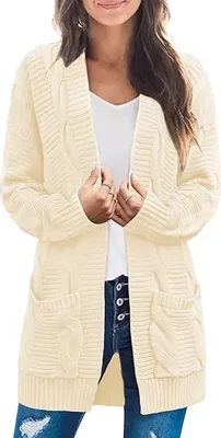 Produktbild von ASKSA Damen Langarm Strickjacke Mittellange Elegant Mantel Open Front Zopfstrick Sweater mit Taschen, Aprikose, S