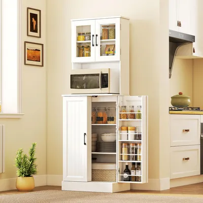 Produktbild von Küchenschrank mit Arbeitsplatte, Sideboard Standschrank, Acryltüren, Kabelloch, MDF Weiß | 60 x 39,5 x 180 cm | 19 kg