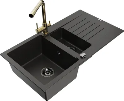 Produktbild von Mexen Matias 1,5-Becken-Granitspüle mit Abtropffläche und Mischbatterie Duero, Schwarz/Gold - 6502-75-671600-50-B