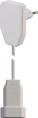 A white electrical adapter with a plug on one end and a socket on the other, connected by a short cable.