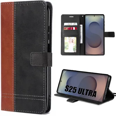 Image de Coque pour Samsung Galaxy S25 Ultra, Protection Rabat Antichoc Anti-Rayures Synthécuir Bicolore Marron