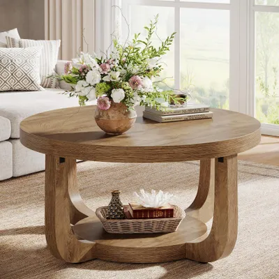 Produktbild von Tribesigns runder Couchtisch, 2-stufiger runder Couchtisch mit Stauraum, moderner Akzenttisch aus Holz, dicke Tischplatte und Gestell, rustikale Eiche