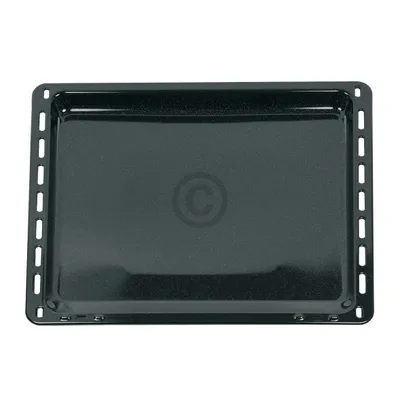 A black baking tray with a circular embossed logo in the center, set against a white background.