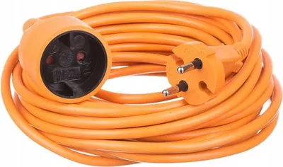 An orange extension cord coiled on a white background.