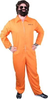 A man wearing an orange jumpsuit and a wig.