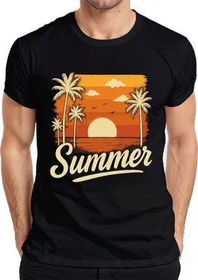 Obrázek produktu pro Pánské tričko Summer Sunset Palm Trees Retro Vintage Beach Holiday Sea, černá, S