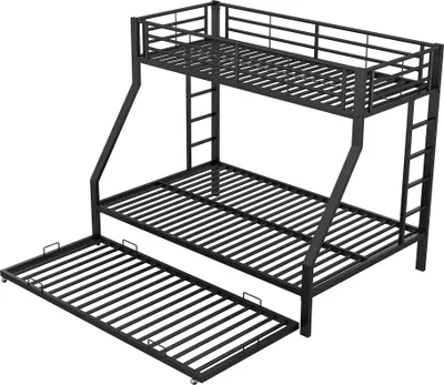 Produktbild von Etagenbett mit 2 Schlafgelegenheiten, Ausziehbett, Leiter und Rausfallschutz, 90x200cm/140x200cm, Kinderbett, Metallbett