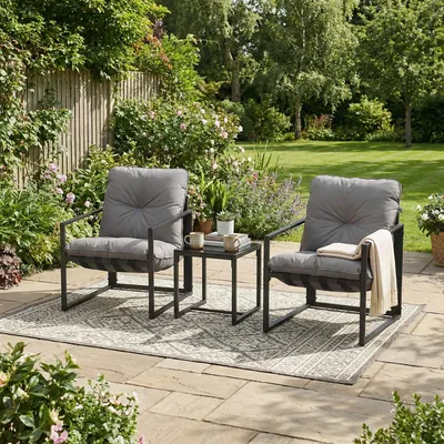 Produktbild von SONGMICS Balkonmöbel Set, 3-teilig, Garten Sitzgruppe mit 2 Stühlen und 1 Tisch, Stahlrahmen, Kissen, für Garten, grau
