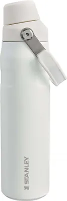 A white Stanley water bottle with a silver handle attachment.