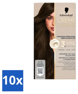 Immagine prodotto di 10 confezioni di Schwarzkopf Creme Supreme colorazione permanente per capelli, tonalità 4-0 Marrone Scuro Naturale, 245g ciascuna - Confezione vantaggiosa - 10 pezzi