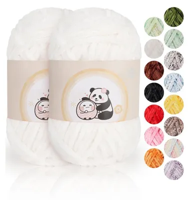 Image de Fil chenille, 2 pelotes de 100 g, blanc, 6 mm, 80 m, très doux, idéal pour le crochet