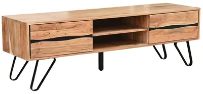 Lowboard Akazie 160 cm mit 2 Türen, Schubladen und offenen Fächern, schwarze Metallbeine in Gesamtansicht.