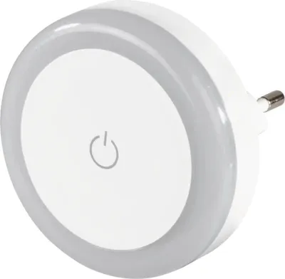 A white LED night light with a touch switch and a power symbol.