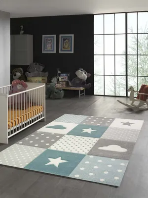 Produktbild von Kinderteppich mit Stern Wolke in Blau Grau Creme Größe - 120 cm Rund
