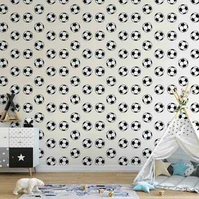 Immagine prodotto di Vlies Tapete - Calcio - Palloni da calcio simmetrici in bianco e nero su sfondo beige. 50x1000 cm Für Kinder e-C-10100-j-a