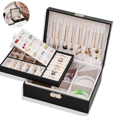 Produktbild von Lauwexe Schmuckbox Für Frauen, 2 Etagen, Kunstleder Mit Samtfutter, Verschließbar Mit Metallschloss, Für Halsketten Ohrringe Ringe Armbänder