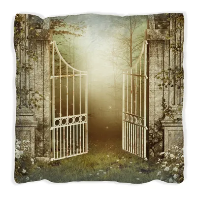 Produktbild von Wallario Premium Kissen, weiche Oberfläche, mit Motiv Tor in den Wald, Größe: 40 x 40 cm, mit weißer Rückseite