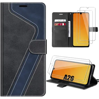 Image de Coque + 2 Verres Trempés pour Samsung Galaxy A26 5G, Protection Antichoc Anti-Rayures CuirPolyuréthaneNoir