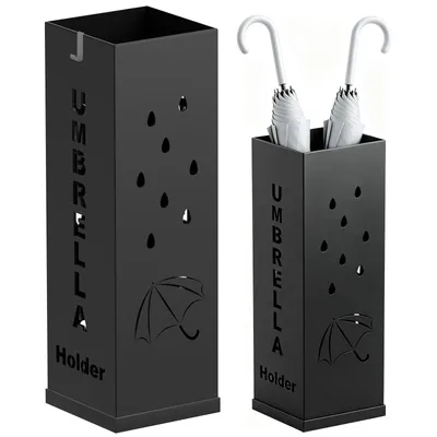 Produktbild von Schirmständer Schwarz aus Metall 16 x 16 x 49 cm, quadratische Schirmablage mit Haken und rutschfesten Fußpads, freistehend für Diele, Flur und Büro