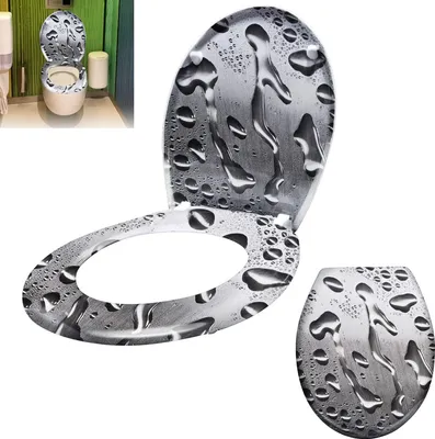 A toilet seat and lid with a water droplet design, shown separately and on a toilet.