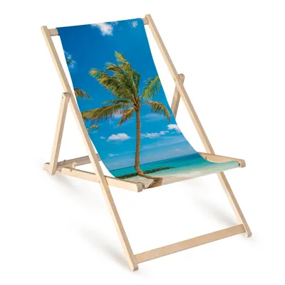 Produktbild von Holz Liegestuhl klappbar „Palme am Strand“ – Gartenstuhl Relaxstuhl Sonnenliege Balkon Terrasse