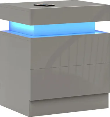 Obrázek produktu pro Noční stolek - Noční komoda - LED osvětlení - 2 zásuvky - Dálkové ovládání - 45 x 35 x 52 cm - Světle šedá barva