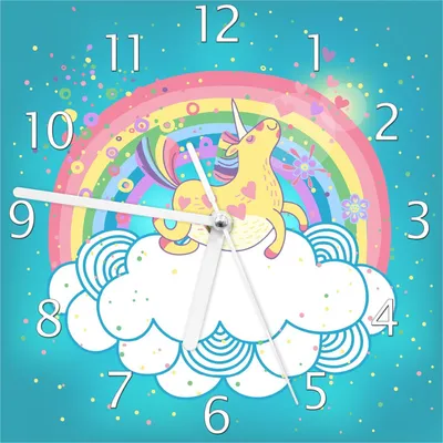 Produktbild von Wallario Design Wanduhr Lustiges Einhorn auf einer Wolke vor Regenbogen aus Echtglas, Größe 20 x 20 cm