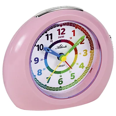 A pink analog alarm clock with a colorful dial designed for children.