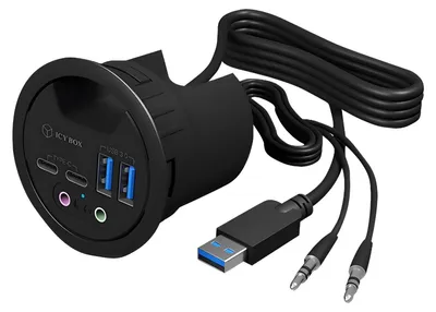Produktbild von ICY BOX IB-HUB1403B, 4 Port USB 3.2 Gen 1 Tisch-Hub mit Type-C®, Type-A und Audio Ein-/Ausgang, Anthrazit, Kunststoff, Leistung, 69 mm, 56 mm, 69 mm