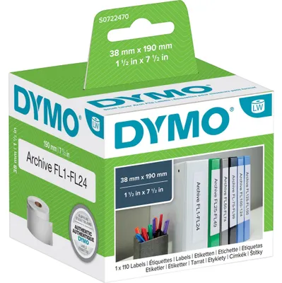 Zdjęcie produktu dla DYMO LW etykiety uniwersalne/na segregatory | małe | 38 mm x 190 mm | rolka 110 łatwych do odklejania etykiet | samoprzylepne | do drukarek etykiet LabelWriter | oryginalne, Biały, Samoprzylepne etykiety do drukowania, Papier, Na stałe, Prostokąt, LabelWriter